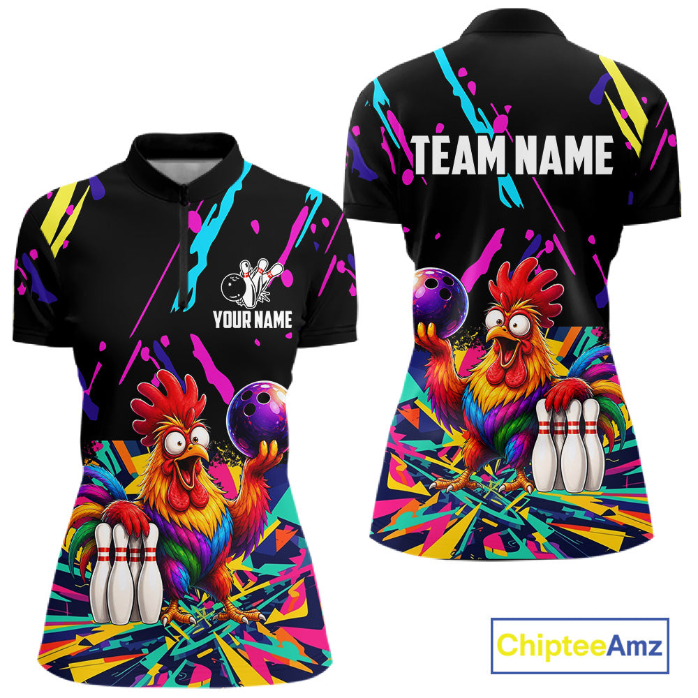 Colorful bowling quarter zip shirt with chicken design and customizable your name & team name