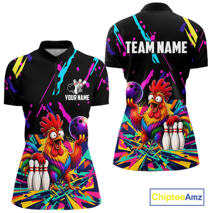 Colorful bowling quarter zip shirt with chicken design and customizable your name & team name