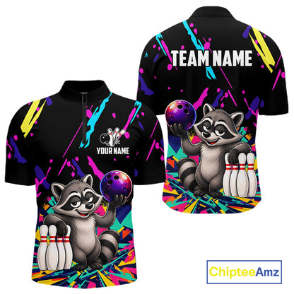 Colorful bowling quarter zip shirt with raccoon design and customizable your name & team name