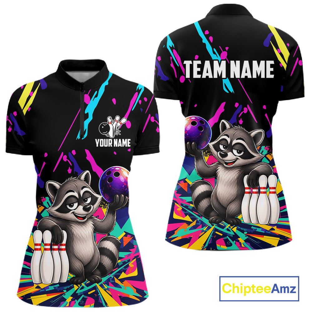 Colorful bowling quarter zip shirt with raccoon design and customizable your name & team name