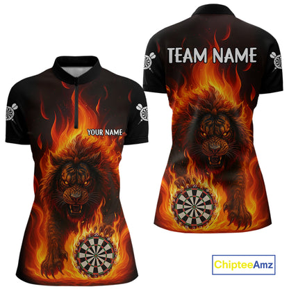 Orange Flaming Lion Darts Shirts For Women Custom Fire Darts League Jersey Team Polo & 1/4 Zip TDM5308
