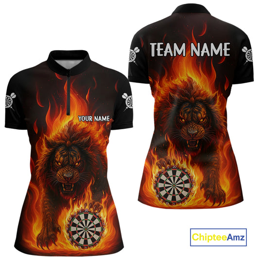 Orange Flaming Lion Darts Shirts For Women Custom Fire Darts League Jersey Team Polo & 1/4 Zip TDM5308