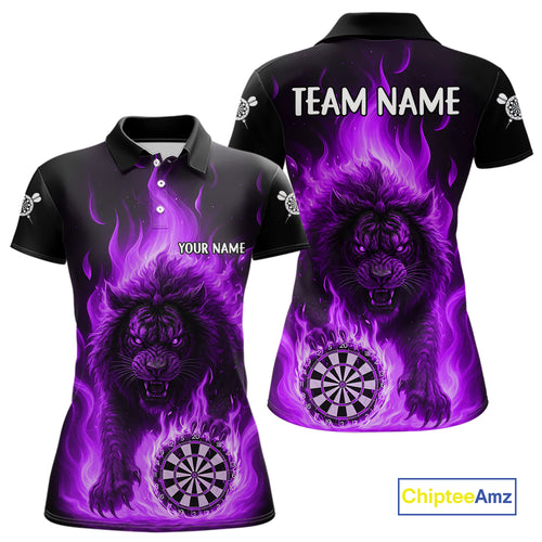Purple Flaming Lion Darts Shirts For Women Custom Fire Darts League Jersey Team Polo & 1/4 Zip TDM5310