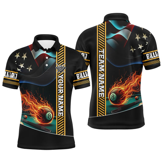Personalized American Flag Flaming 8 Ball Pool Men Polo Shirts, Patriotic Billiard Attire Jerseys TDM1139