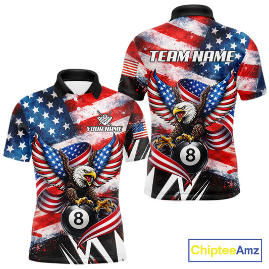 Custom American Flag Eagle Billiard Shirt For Men, Patriotic 8 Ball Pool Team Jersey Polo, 1/4 Zip TDM6181