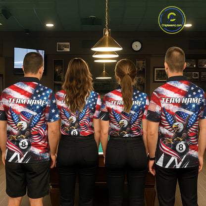 Custom American Flag Eagle Billiard Shirt For Men, Patriotic 8 Ball Pool Team Jersey Polo, 1/4 Zip TDM6181