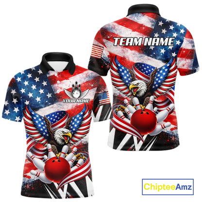 Custom American Flag Eagle Bowling Jersey For Men, Patriotic Bowling Team Shirt Polo & 1/4 Zip TDM6183