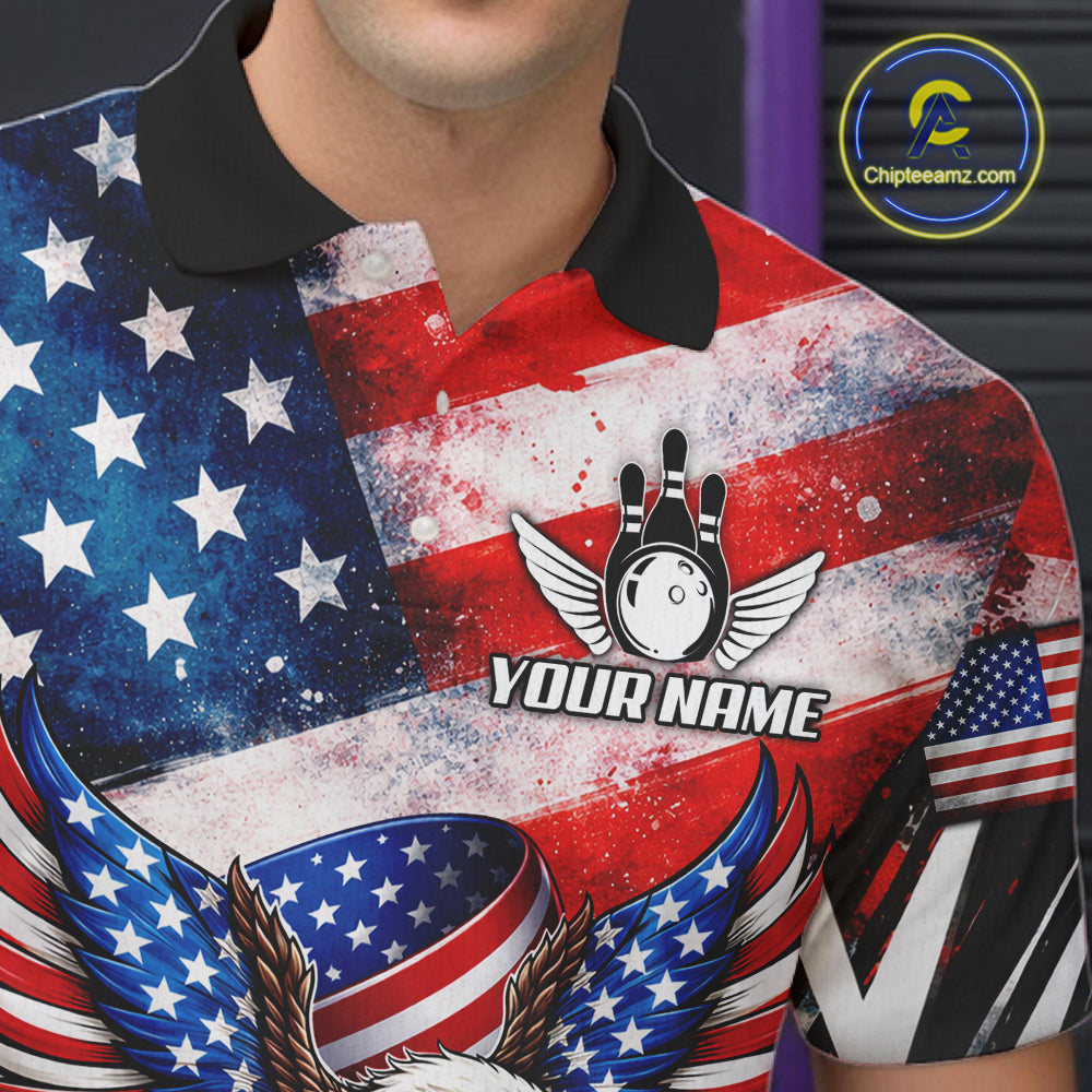 Custom American Flag Eagle Bowling Jersey For Men, Patriotic Bowling Team Shirt Polo & 1/4 Zip TDM6183