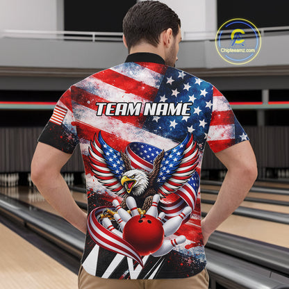 Custom American Flag Eagle Bowling Jersey For Men, Patriotic Bowling Team Shirt Polo & 1/4 Zip TDM6183