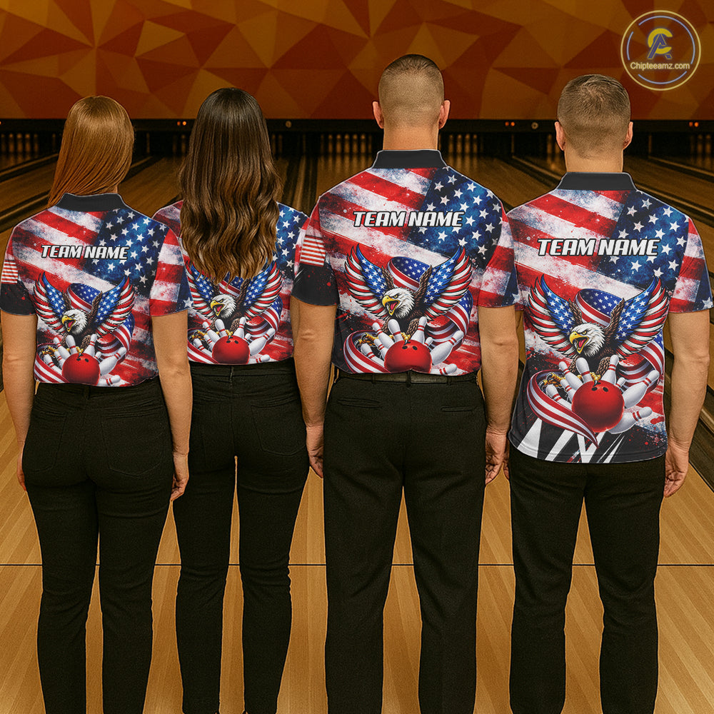 Custom American Flag Eagle Bowling Jersey For Men, Patriotic Bowling Team Shirt Polo & 1/4 Zip TDM6183