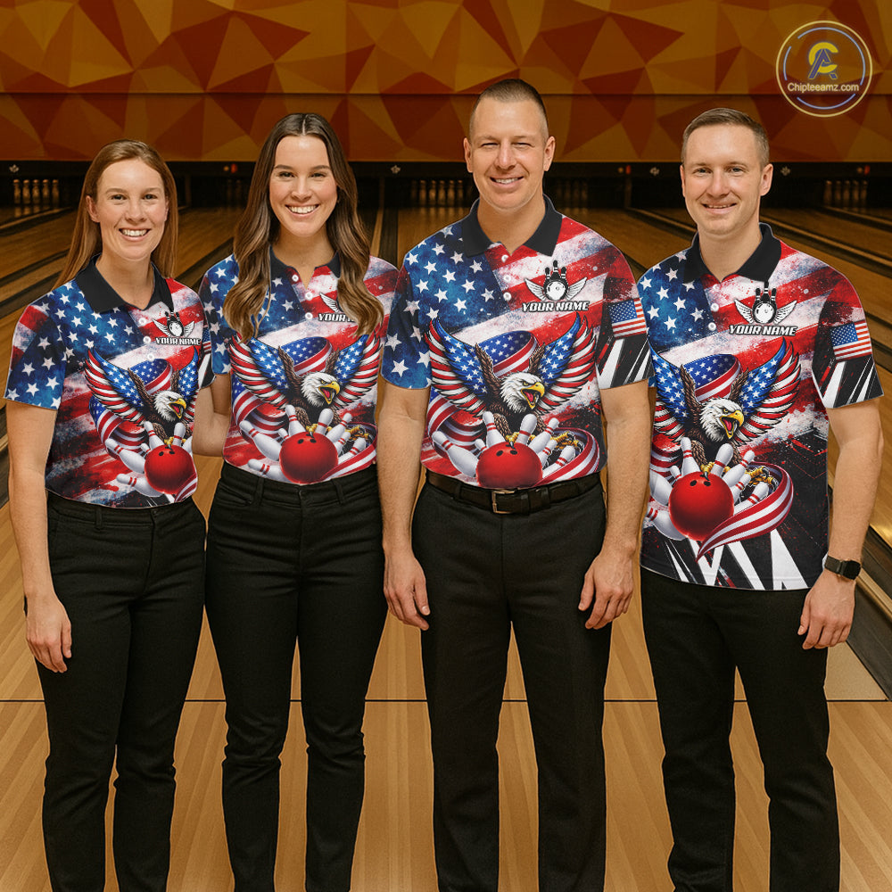 Custom American Flag Eagle Bowling Jersey For Men, Patriotic Bowling Team Shirt Polo & 1/4 Zip TDM6183