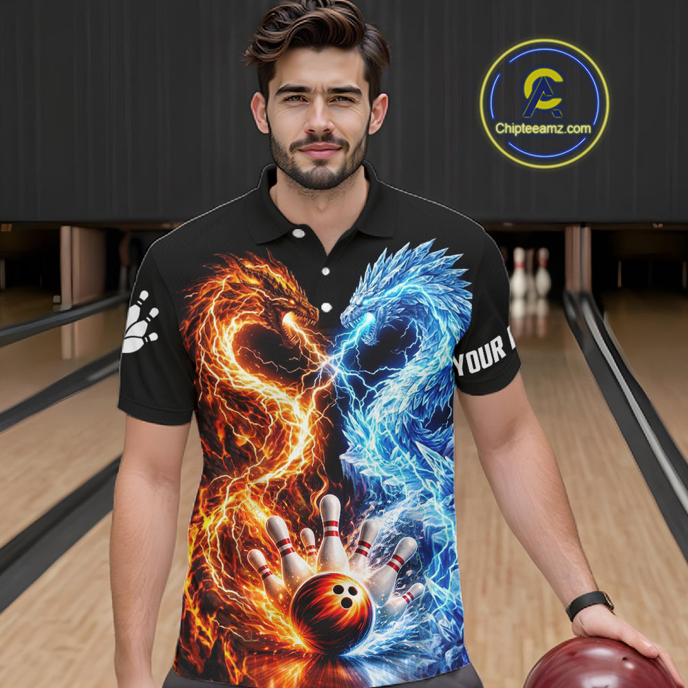 Personalized Fire And Icy Dragon Bowling Shirt For Men, Lightning Bowling Jersey Polo & 1/4 Zip TDM6185