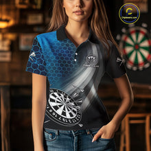 Load image into Gallery viewer, Custom Women's Dart Shirt – Black Blue Hexagon Design Darts Team Jersey | Polo &amp; Quarter Zip Uniform TDM4074