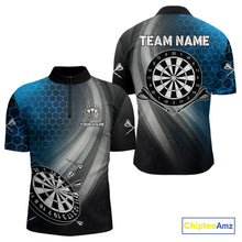 Load image into Gallery viewer, Custom Men's Dart Shirt – Black Blue Hexagon Design Darts Team Jersey | Polo &amp; Quarter Zip Uniform TDM4074