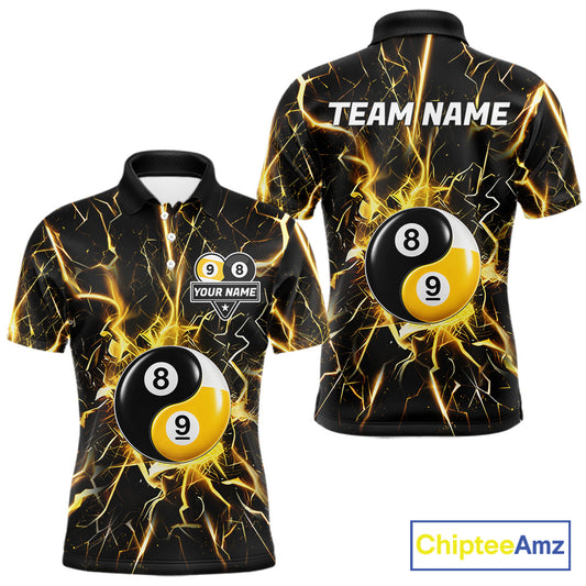 Black polo shirt with yellow lightning design and 8 ball 9 ball graphic, customizable name and team name