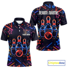 Load image into Gallery viewer, Blue funny neon bowling team polo shirt for men with vibrant neon bowling graphics.