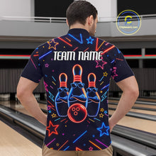 Load image into Gallery viewer, Back view of man wearing a blue funny neon quarter zip bowling shirt, bowling league team uniform.