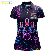 Load image into Gallery viewer, Purple funny neon custom bowling polo shirt for women.