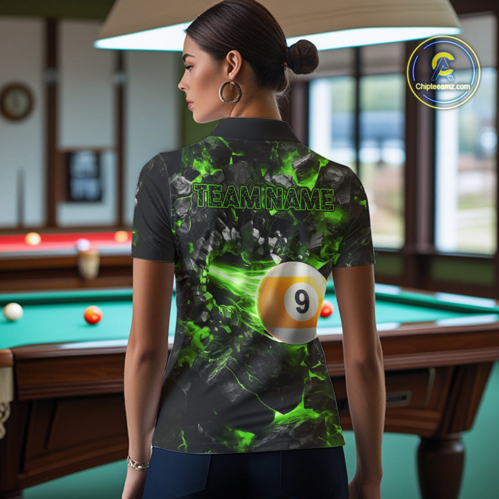 Woman Wearing Personalized Green 8 Ball 9 Ball Fire Custom Pool Team Jersey Featuring the Complete Rear Graphic Design, Back View