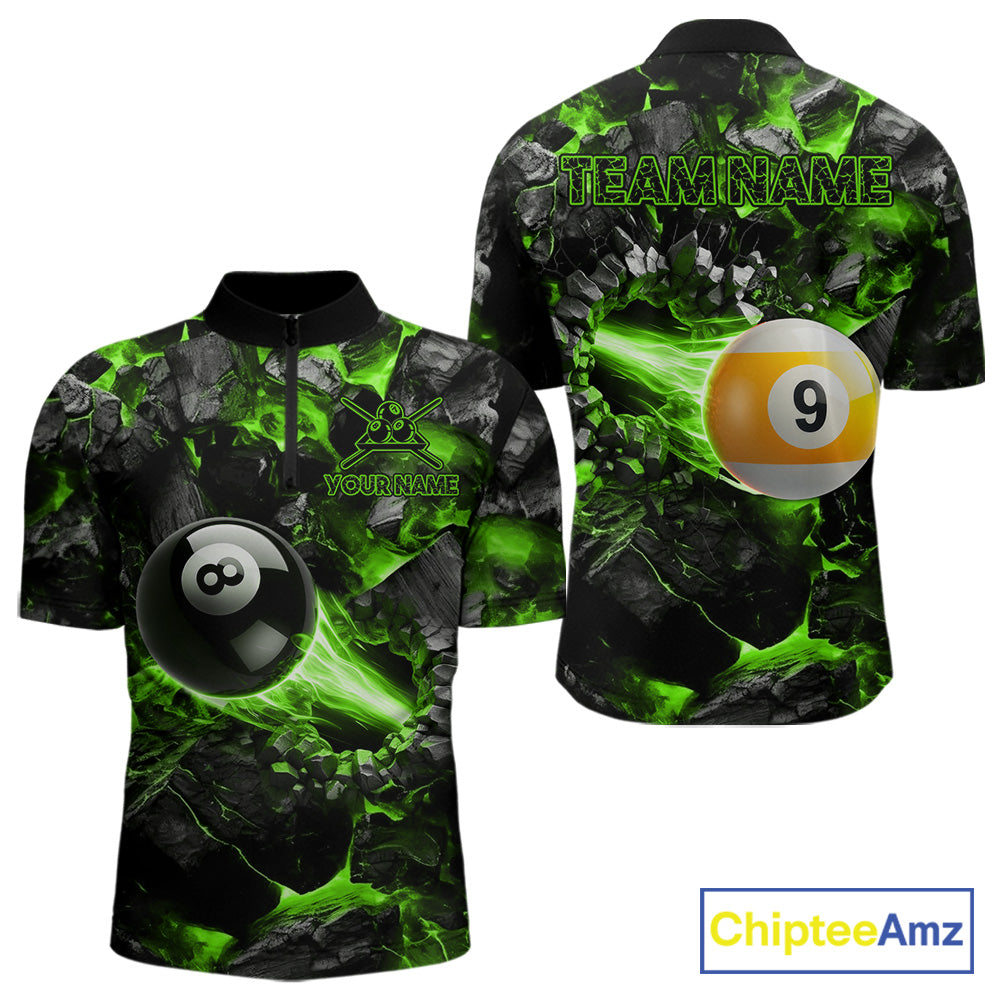 Personalized Green 8 Ball 9 Ball Fire Quarter Zip Billiard Shirt Created for Competitive Pool League Teams with Performance Fabric and Tournament Ready Team Design