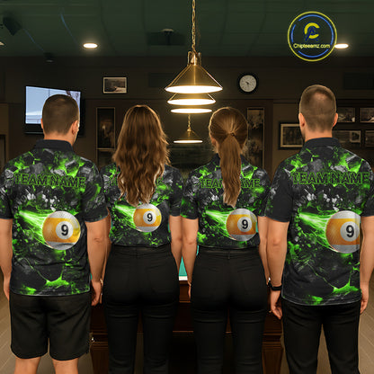 Pool Team Wearing Personalized Green 8 Ball 9 Ball Fire Custom Billiard Team Jerseys Featuring the Complete Back Artwork, Back View