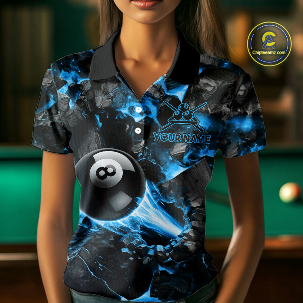 Woman Wearing Personalized Blue 8 Ball 9 Ball Fire Billiard Polo Shirt with Athletic Performance Fit and Eye Catching Flame Graphic Artwork, Front View