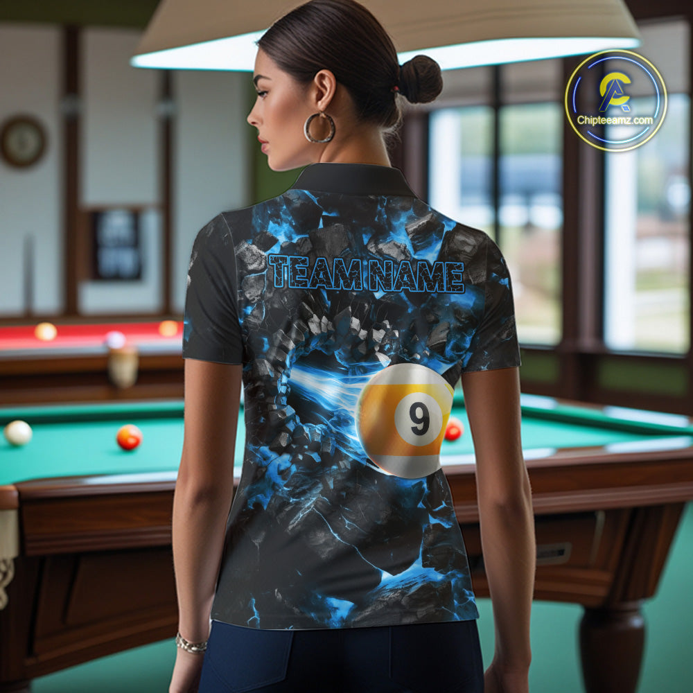 Woman Wearing Personalized Blue 8 Ball 9 Ball Fire Custom Pool Team Jersey Featuring the Complete Rear Graphic Design, Back View