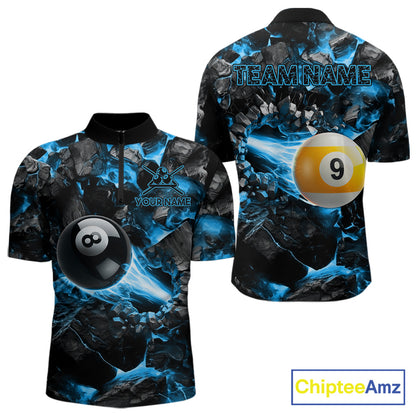 Personalized Blue 8 Ball 9 Ball Fire Quarter Zip Billiard Shirt Created for Competitive Pool League Teams with Performance Fabric and Tournament Ready Comfort