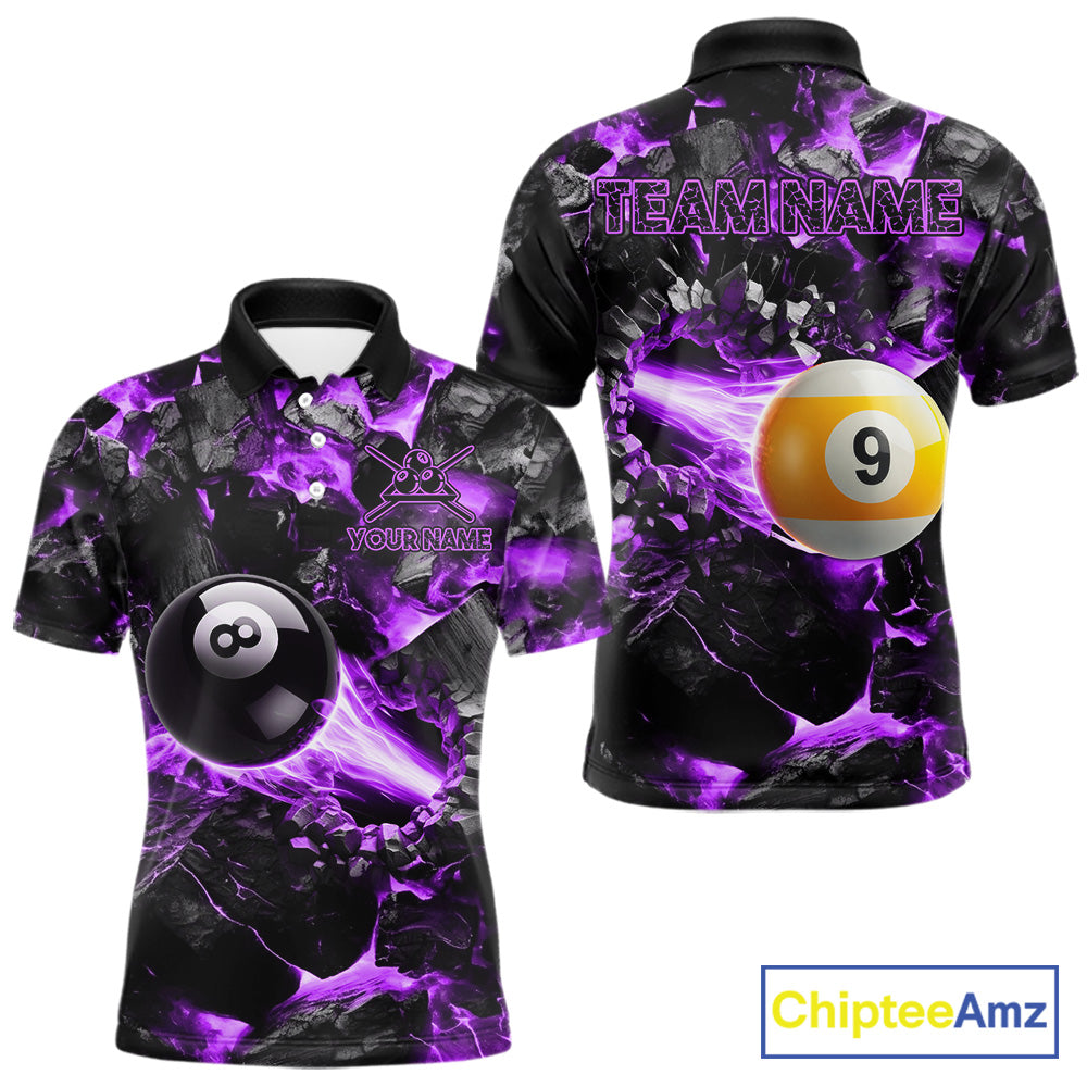 Personalized Purple 8 Ball 9 Ball Fire Billiard Polo Shirt Featuring Vibrant Flame Artwork for Pool League Players, Team Competition, and Tournament Events