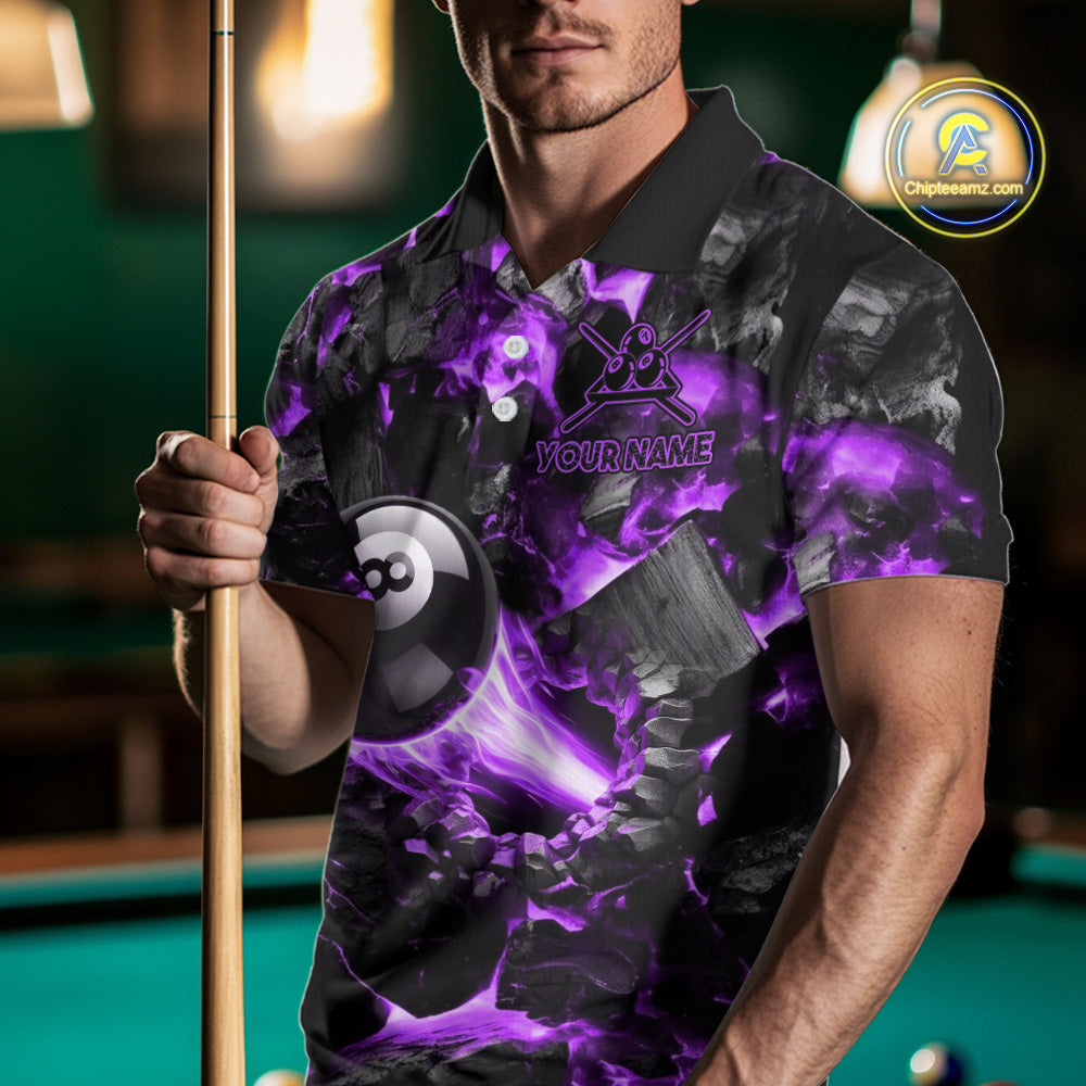 Man Wearing Personalized Purple 8 Ball 9 Ball Fire Billiard Polo Shirt with Athletic Performance Fit and Dynamic Flame Graphic Artwork, Front View