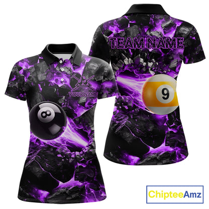Personalized Purple 8 Ball 9 Ball Fire Billiard Polo Shirt Featuring Vibrant Flame Artwork for Pool League Players, Team Competition, and Tournament Events