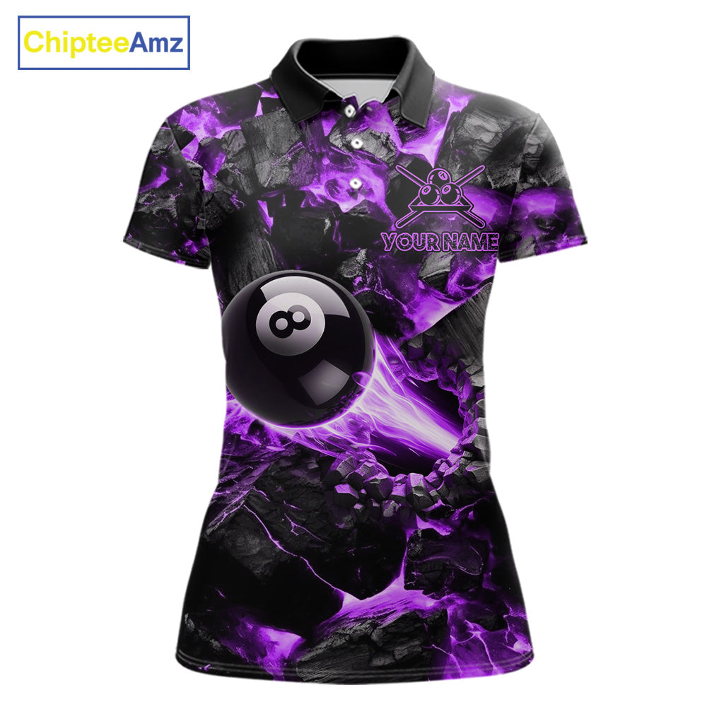 Personalized Purple 8 Ball 9 Ball Fire Billiard Polo Shirt Featuring Vibrant Flame Artwork for Pool League Players, Team Competition, and Tournament Events