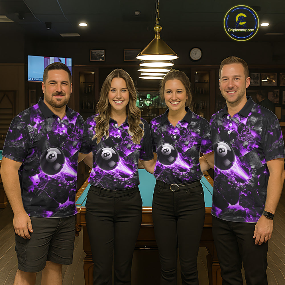 Pool Team Wearing Personalized Purple 8 Ball 9 Ball Fire Billiard Jerseys During League Competition and Tournament Matches, Front View