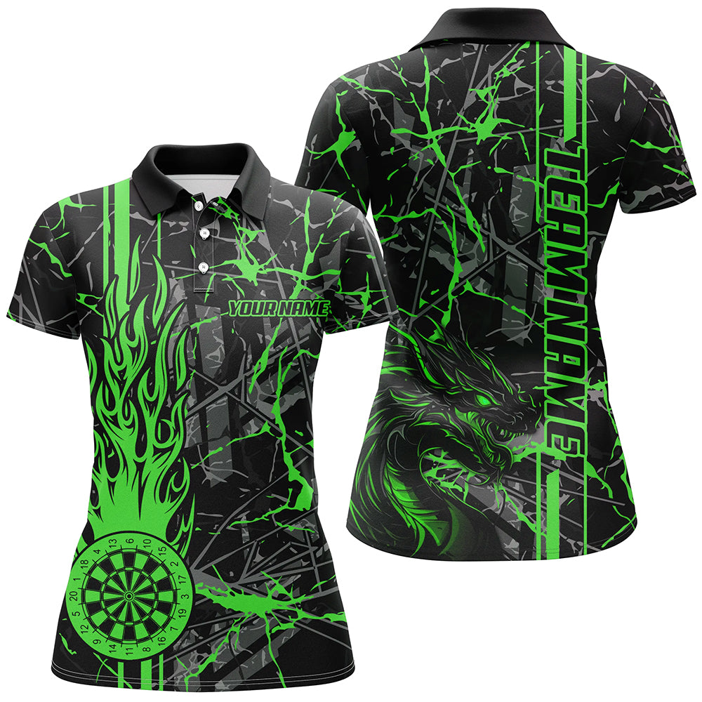 Green Grunge Dart Jerseys For Women, Fire Flame Dart Board Custom Name Dragon Darts League Shirts TDM2604