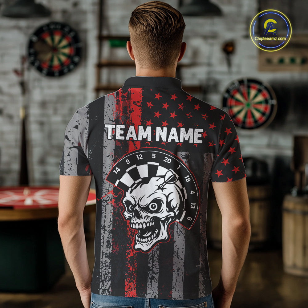 Personalized Red Grunge US Flag Skull Darts Shirt For Men Custom Patriotic Darts Team Jersey TDM4882