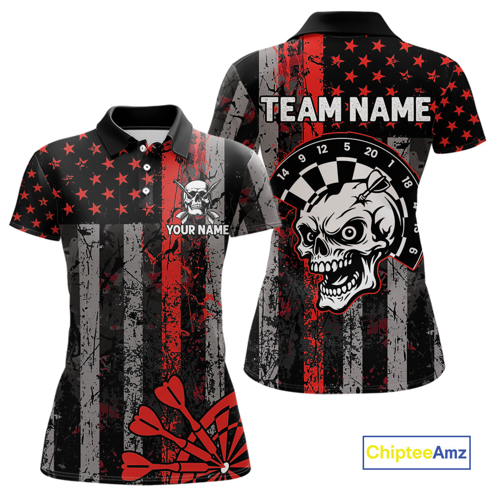 Personalized Red Grunge US Flag Skull Darts Shirt For Women Custom Patriotic Darts Team Jersey TDM4882