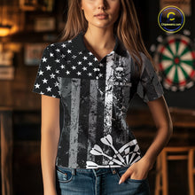 Load image into Gallery viewer, Personalized White Black Grunge US Flag Skull Darts Shirt For Women Custom Patriotic Darts Jersey TDM4883