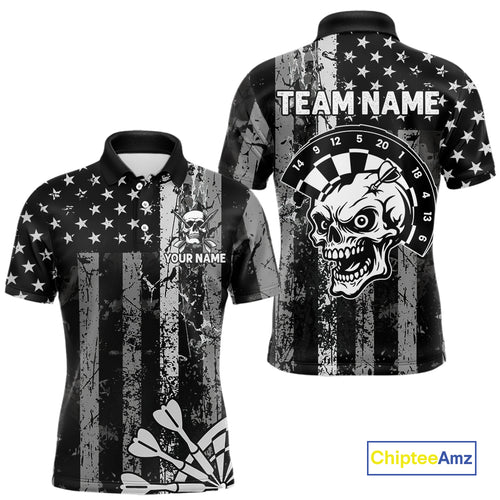 Personalized White Black Grunge US Flag Skull Darts Shirt For Men Custom Patriotic Darts Jersey TDM4883