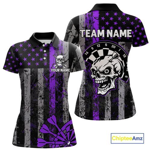 Personalized Purple Grunge US Flag Skull Darts Shirt For Women Custom Patriotic Darts Team Jersey TDM4884
