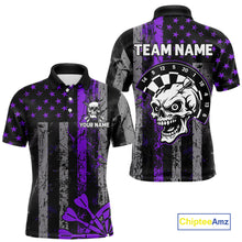 Load image into Gallery viewer, Personalized Purple Grunge US Flag Skull Darts Shirt For Men Custom Patriotic Darts Team Jersey TDM4884