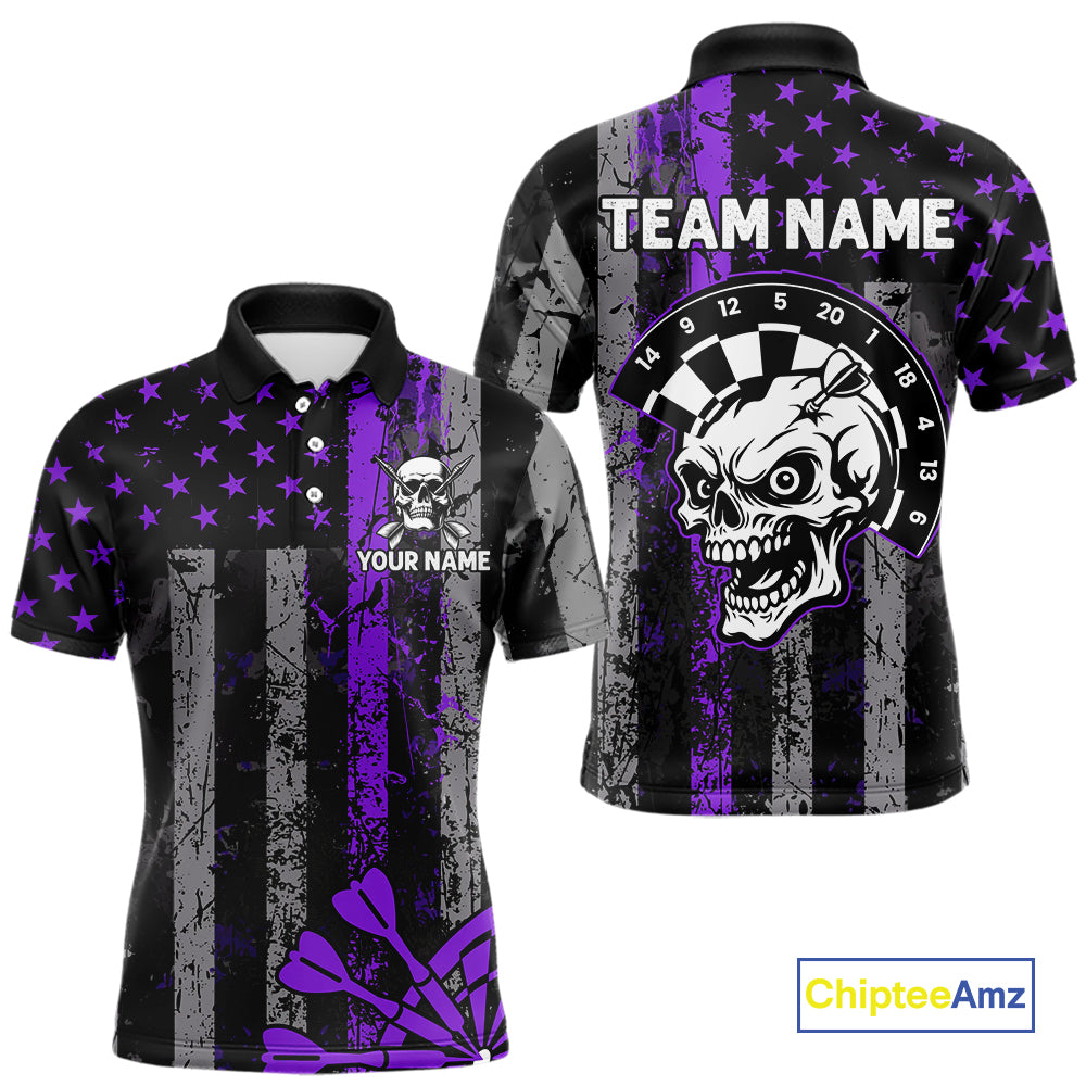 Personalized Purple Grunge US Flag Skull Darts Shirt For Men Custom Patriotic Darts Team Jersey TDM4884
