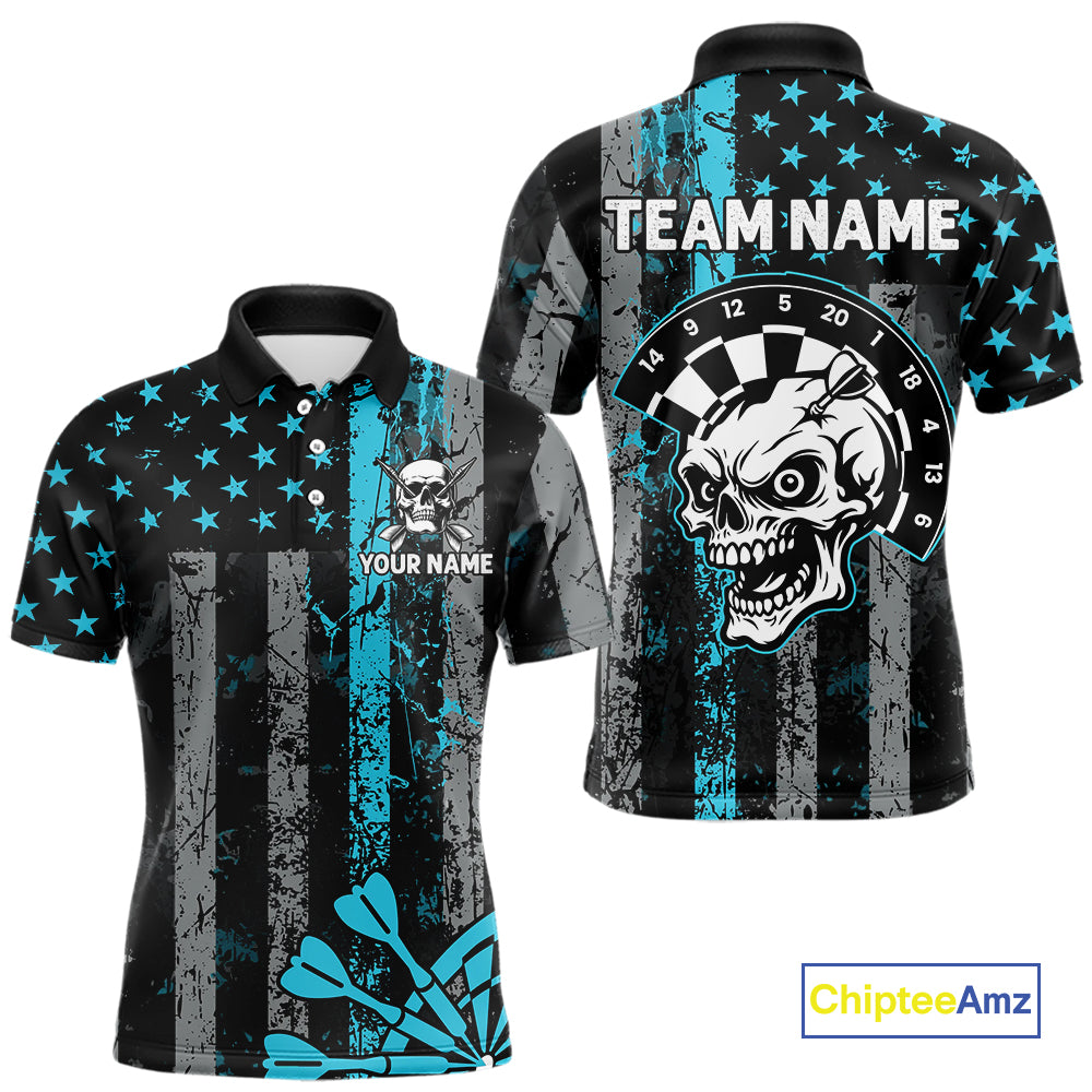 Personalized Blue Grunge US Flag Skull Darts Shirt For Men Custom Patriotic Darts Team Jersey TDM4885