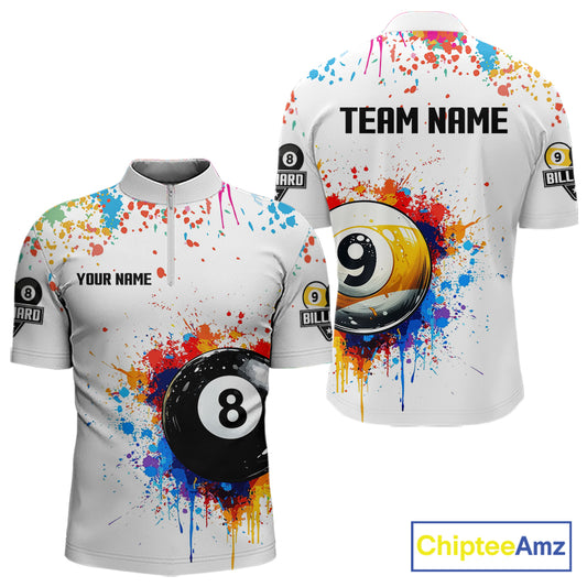 Funny 8 Ball & 9 Ball Colorful Splash Billiard Shirt For Men Custom Billiard Team Jersey |White TDM5581
