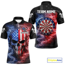 Load image into Gallery viewer, Custom American Flag Smoke Skull Darts Shirt For Men, Patriotic Darts Team Jersey Polo &amp; 1/4 Zip TDM5811