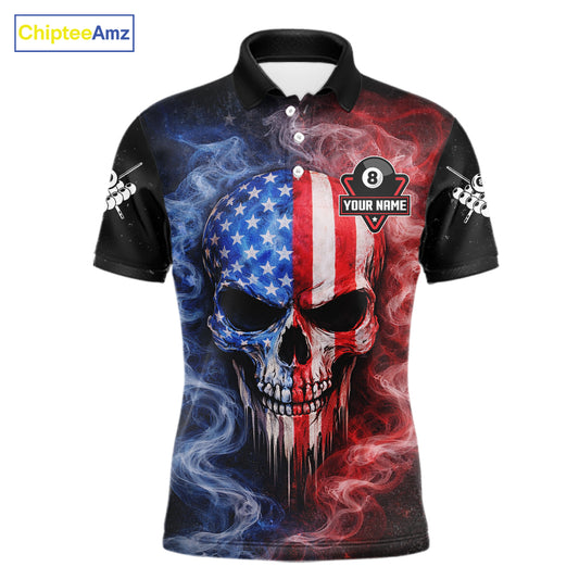 Custom 8 Ball US Flag Smoke Skull Billiard Shirt For Men, Patriotic Pool Team Jersey Polo, 1/4 Zip TDM5812