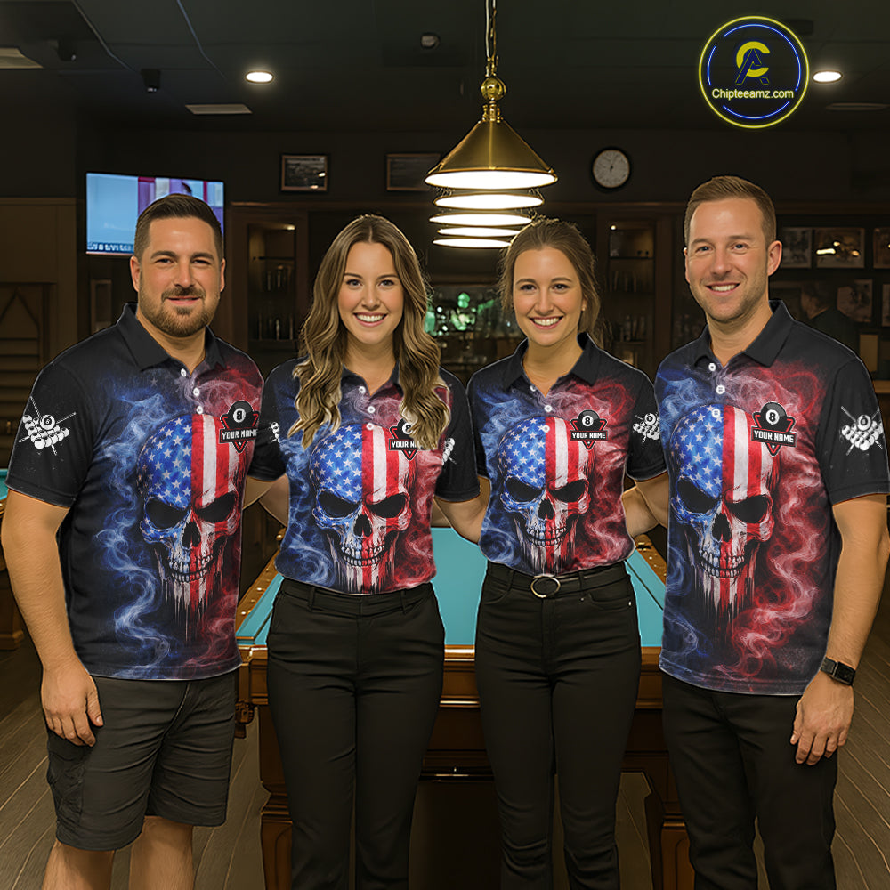 Custom 8 Ball US Flag Smoke Skull Billiard Shirt For Men, Patriotic Pool Team Jersey Polo, 1/4 Zip TDM5812