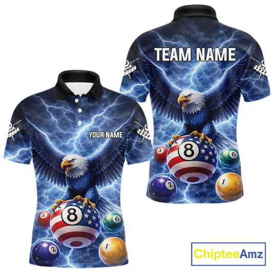 Blue 8 Ball US Flag Thunder Lightning Eagle Billiard Shirt For Men Custom Pool Team Jersey TDM5813