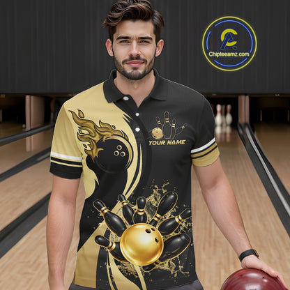 Custom Black And Gold Splatter Bowling Shirt For Men, Bowling League Jerseys Team Polo & 1/4 Zip TDM6417