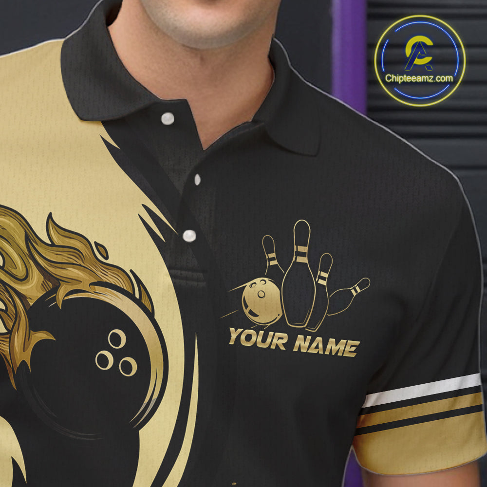 Custom Black And Gold Splatter Bowling Shirt For Men, Bowling League Jerseys Team Polo & 1/4 Zip TDM6417
