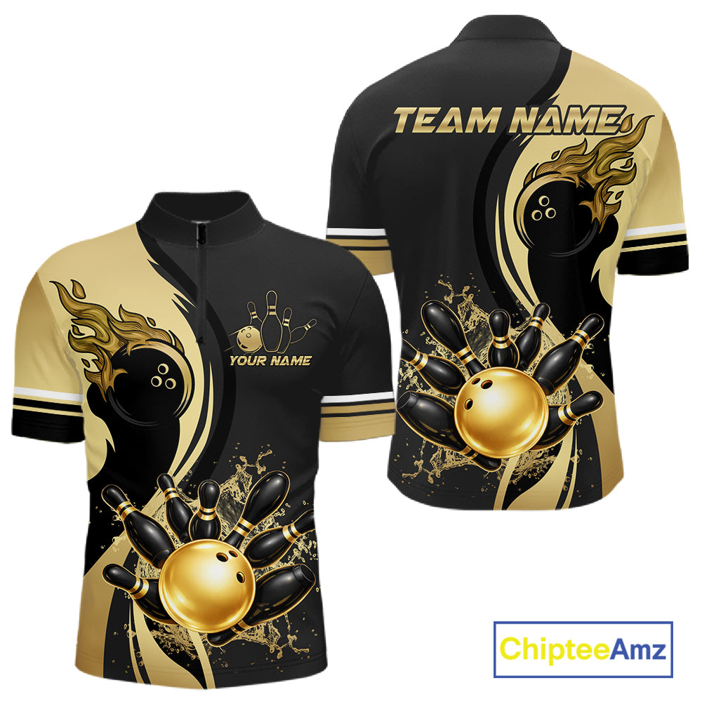 Custom Black And Gold Splatter Bowling Shirt For Men, Bowling League Jerseys Team Polo & 1/4 Zip TDM6417